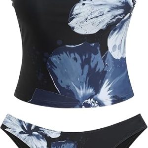 ZAFUL Women's Floral Tankini Swimsuits Bandeau Tummy Control High Cut Tankini Set Two Piece Bathing Suit