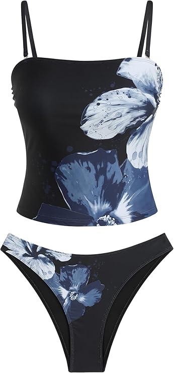 ZAFUL Women's Floral Tankini Swimsuits Bandeau Tummy Control High Cut Tankini Set Two Piece Bathing Suit ZAFUL Women's Floral Tankini Swimsuits Bandeau Tummy Control High Cut Tankini Set Two Piece Bathing Suit