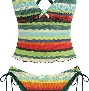 ZAFUL Women's Tankini Set V Neck Tummy Control Floral Printed Tie Side Thong Bikini Swimsuits 2 Piece Bathing Suits