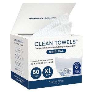 Clean Skin Club Clean Towels XL® 100% USDA Biobased Face Towel Disposable Face Towelette Eczema Association Accepted Makeup Remover