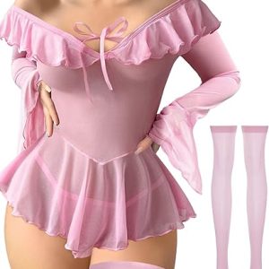 Foxiny Sexy Rave Ruffle Bell Long Sleeve Off Shoulder Mesh Sheer Babydoll Lingerie Set Dress with Thong 2 Piece