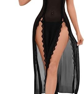 Foxiny Sexy Side Split Long Lace Sheer Lingerie Dress V Neck Night Gowns with Thong 2 Piece Set
