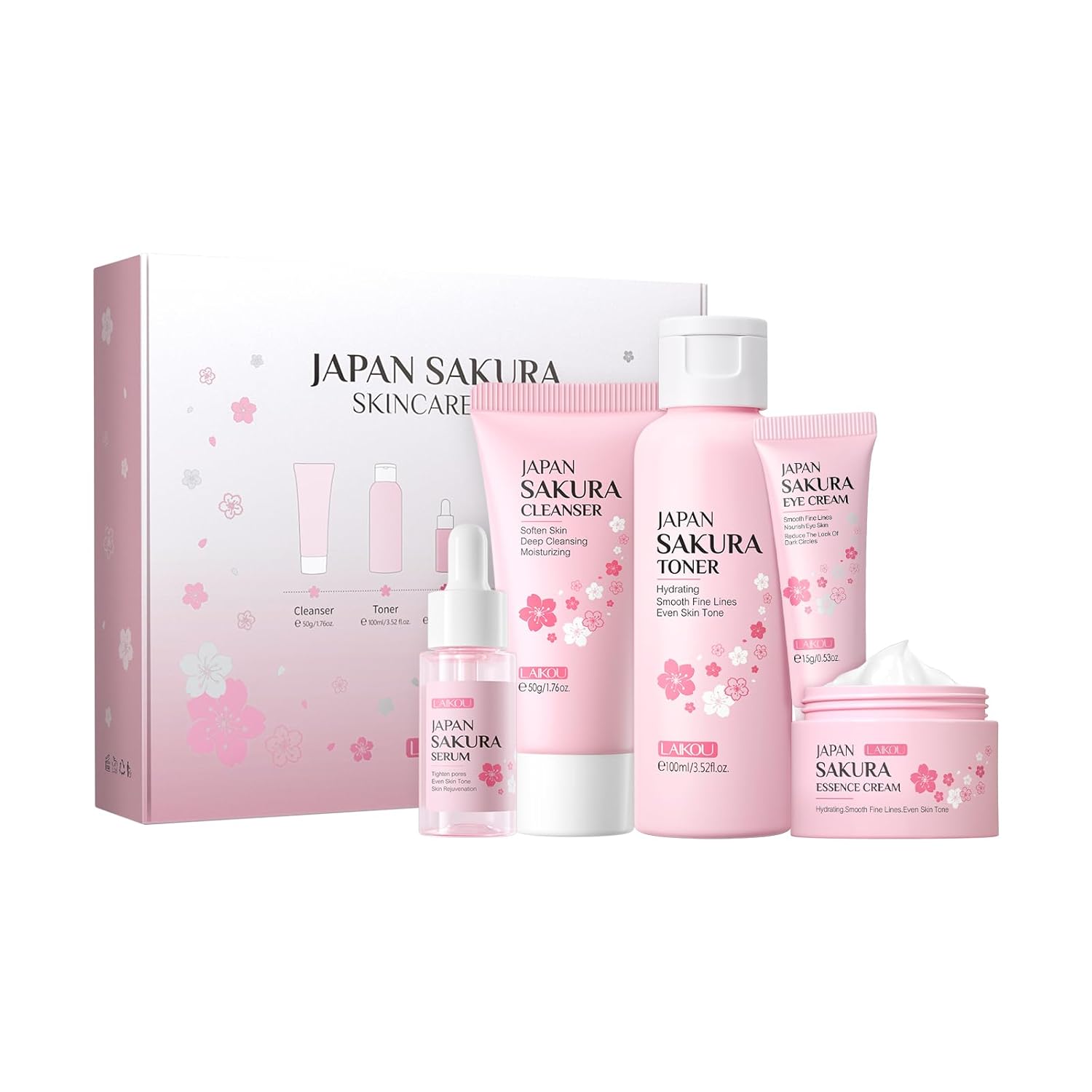 LAIKOU Skin Care Set JAPAN SAKURA Women Beauty Gift Sets Skin Care Kit with Cleanser, Toner, Serum, Eye Cream, Face Cream Travel Kit for Women LAIKOU Skin Care Set JAPAN SAKURA Women Beauty Gift Sets Skin Care Kit with Cleanser, Toner, Serum, Eye Cream, Face Cream Travel Kit for Women