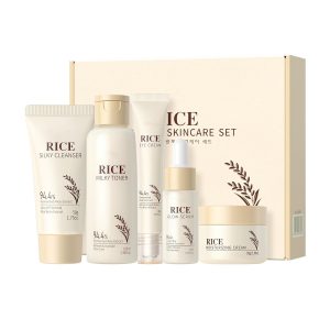 Moisturizing Korean Rice Skin Care Set – Radiance Skincare 5-Step Routine with Rice Cleanser, Toner, Serum, Face Cream