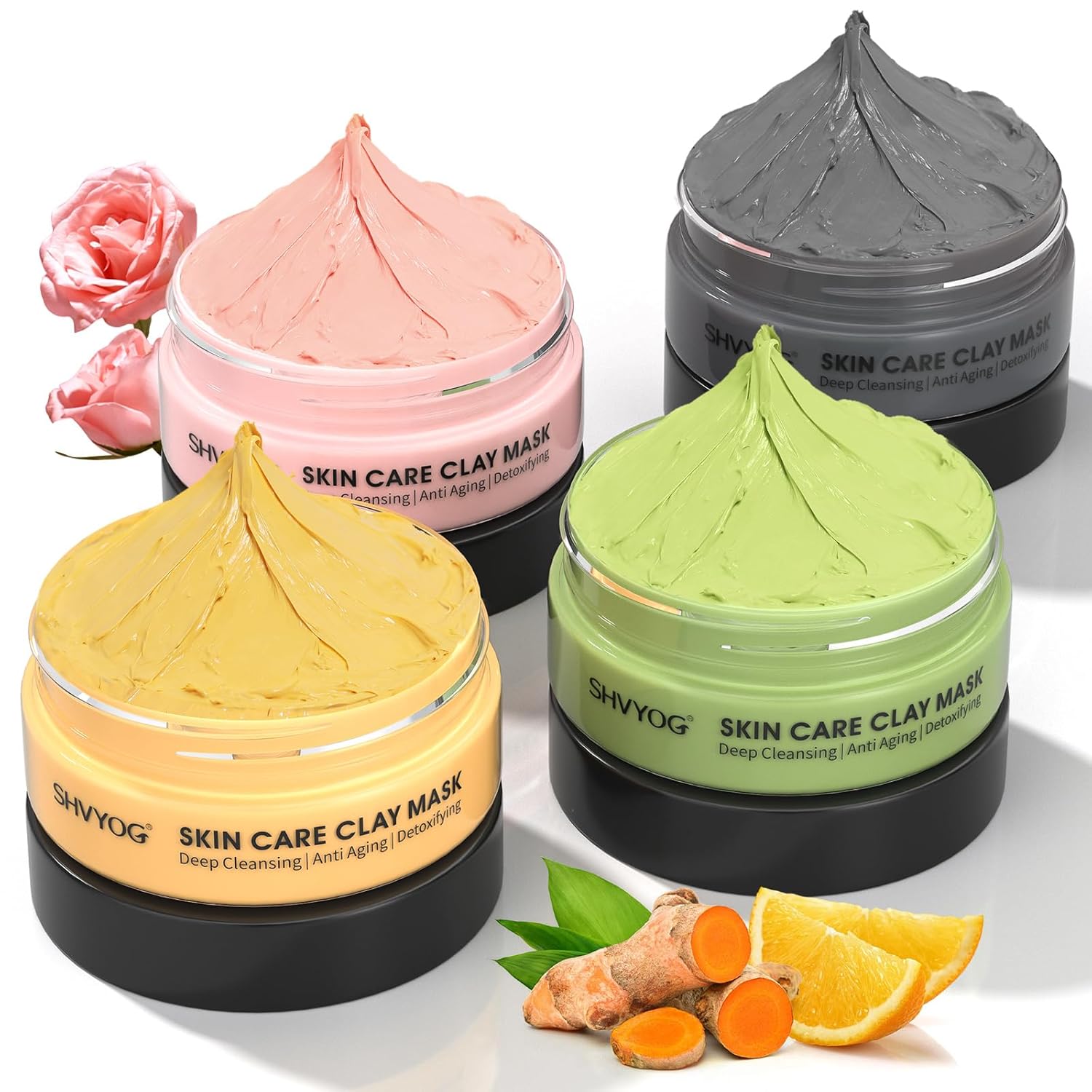 SHVYOG 4Pcs Face Mask Set - Turmeric Clay Mask, Vitamin C, Green Tea, Rose, Dead Sea Mud Mask, Skin Care Mask for Deep Cleansing, Refining Pores, Valentine's Day Gifts for Women- 240g SHVYOG 4Pcs Face Mask Set - Turmeric Clay Mask, Vitamin C, Green Tea, Rose, Dead Sea Mud Mask, Skin Care Mask for Deep Cleansing, Refining Pores, Valentine's Day Gifts for Women- 240g