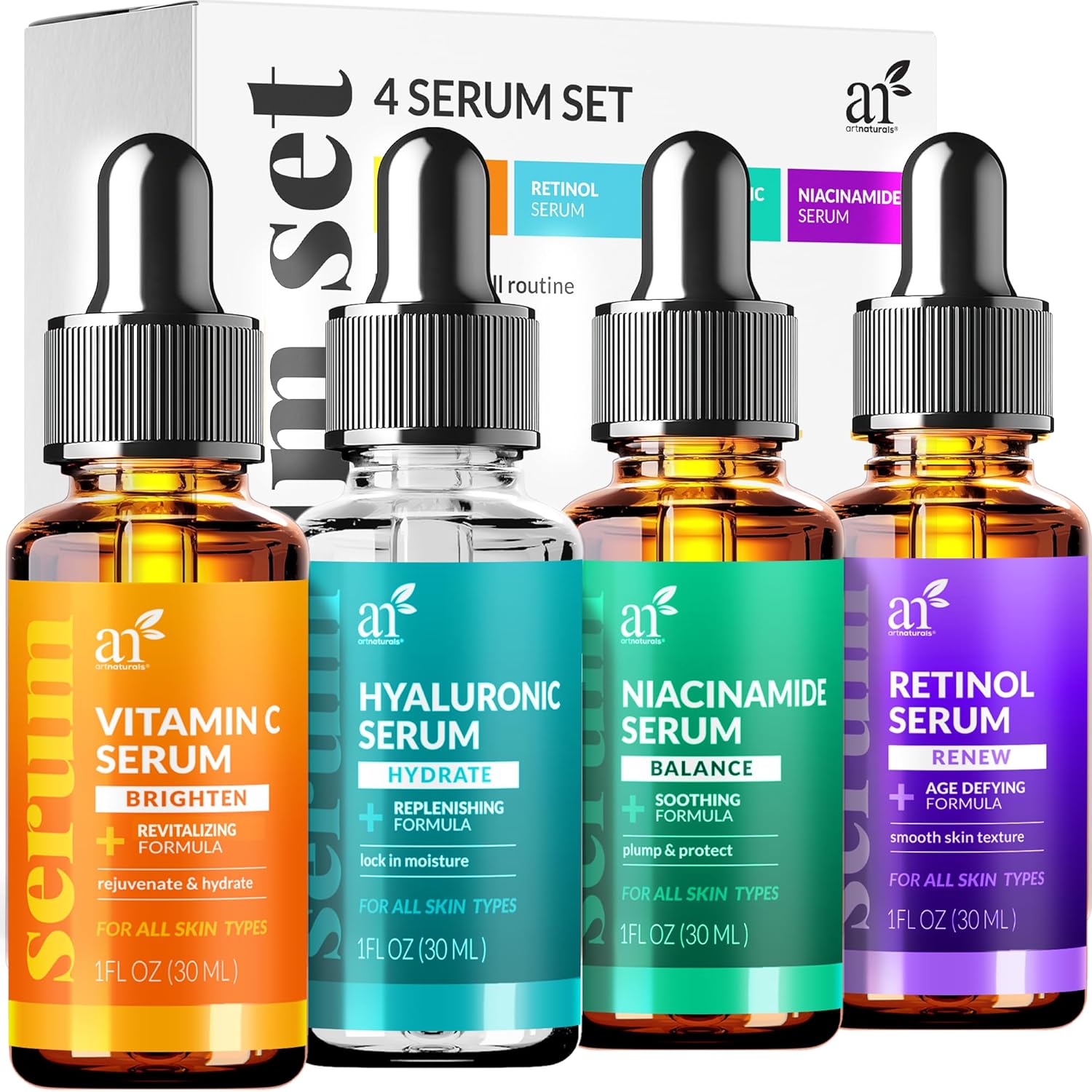 Vitamin C Serum Skin Care 4-Piece Set Includes Retinol, Hyaluronic Acid & Niacinamide – Anti-Aging, Skin Brightening, Hydrating, Wrinkle Reduction Vitamin C Serum Skin Care 4-Piece Set: Includes Retinol, Hyaluronic Acid & Niacinamide – Anti-Aging, Skin Brightening, Hydrating, Wrinkle Reduction