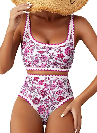 Women's Bikini Sets Floral Print Whip Stitch 2 Piece Swimsuits High Waisted Scoop Bathing Suits Women's Bikini Sets Floral Print Whip Stitch 2 Piece Swimsuits High Waisted Scoop Bathing Suits