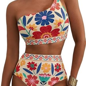 Women's High Waisted Bikini Sets One Shoulder Floral Print Swimsuits 2 piece Tummy Control Bathing Suits