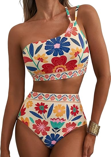Women's High Waisted Bikini Sets One Shoulder Floral Print Swimsuits 2 piece Tummy Control Bathing Suits Women's High Waisted Bikini Sets One Shoulder Floral Print Swimsuits 2 piece Tummy Control Bathing Suits