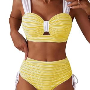 Womens High Waisted Bikini Sets Textured 2 Piece Swimsuits 2026 Summer Cutout Tie Side Bathing Suits