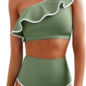 Women's One Shoulder Bikini Sets Color Block Trim Ruffle Hem Swimsuits Elegant Bathing Suits