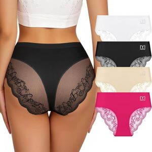 Cheeky Underwear for Women Lace Silky Seamless No Show Bikini Soft Breathe Panties Ladies Sexy Hipster 4Pack