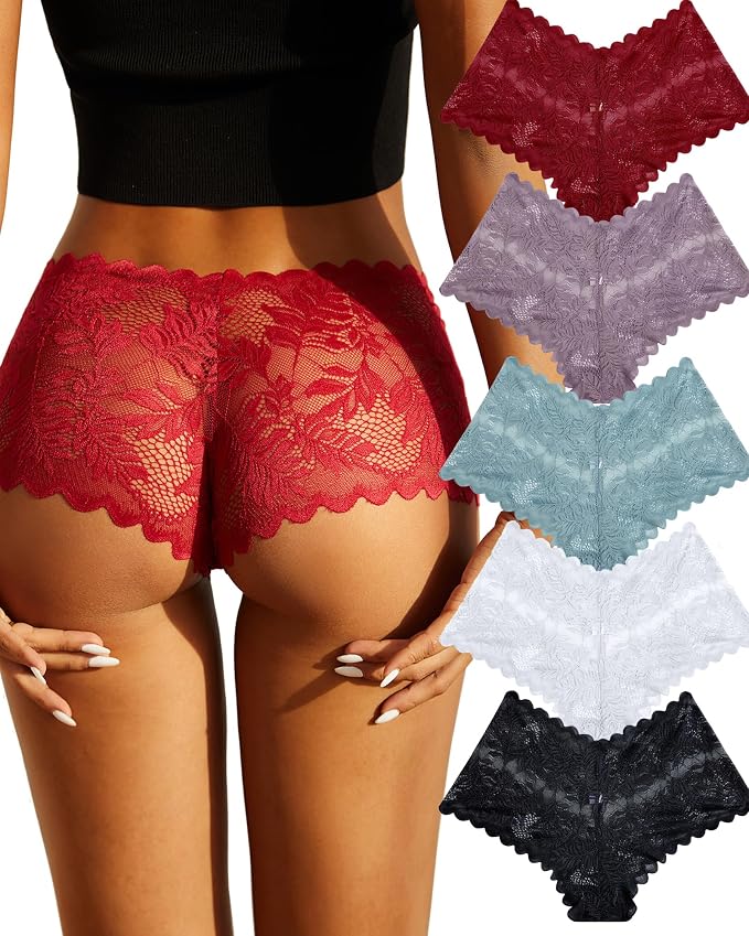 FINETOO 5 Pack Sexy Lingerie Panties for Women Pack V-Waist Lace Womens Underwear French Cut Boyshorts Panty FINETOO 5 Pack Sexy Lingerie Panties for Women Pack V-Waist Lace Womens Underwear French Cut Boyshorts Panty