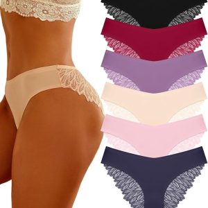 FINETOO 6 Pack Sexy Underwear for Women Silky Seamless No Show Panties Ladies Lace Bikini Lightweight Cheeky Hipster