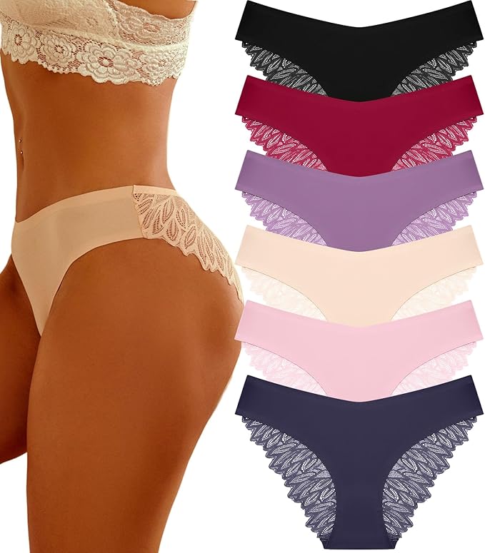 FINETOO 6 Pack Sexy Underwear for Women Silky Seamless No Show Panties Ladies Lace Bikini Lightweight Cheeky Hipster FINETOO 6 Pack Sexy Underwear for Women Silky Seamless No Show Panties Ladies Lace Bikini Lightweight Cheeky Hipster