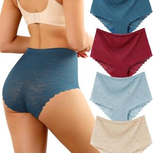 LEVAO Women's High Waist Lace Underwear Sexy Soft Briefs Panties 4 Pack | Sexy Soft Floral Lace Briefs, High Waisted Full Coverage Panties, Comfortable Stretch Underwear for Women (4 Pack)