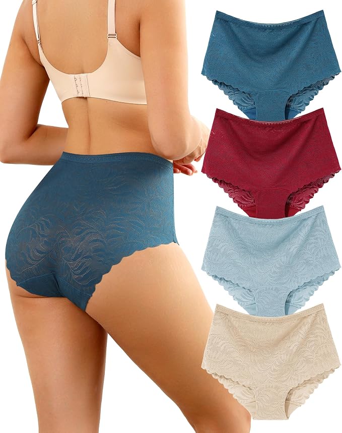 LEVAO Women's High Waist Lace Underwear Sexy Soft Briefs Panties 4 Pack Sexy Soft Floral Lace Briefs, High Waisted Full Coverage Panties, Comfortable Stretch Underwear for Women (4 Pack) LEVAO Women's High Waist Lace Underwear Sexy Soft Briefs Panties 4 Pack | Sexy Soft Floral Lace Briefs, High Waisted Full Coverage Panties, Comfortable Stretch Underwear for Women (4 Pack)