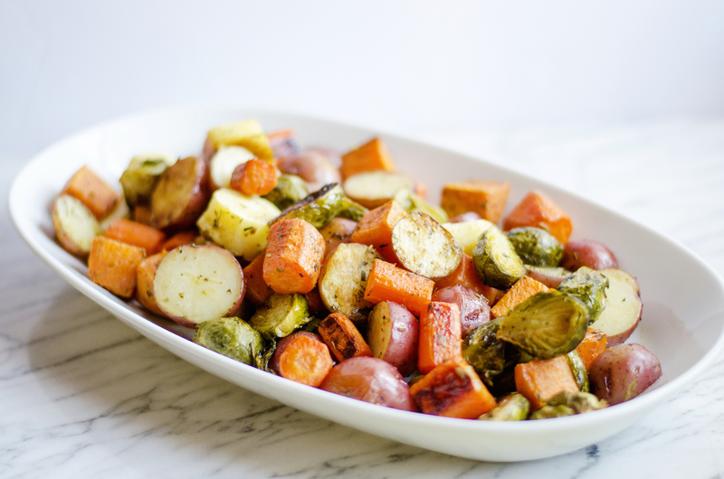 ROASTED POTATOES, CARROTS, PARSNIPS AND BRUSSELS SPROUTS