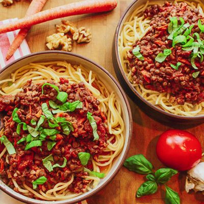Lentil Walnut Bolognese with Spaghetti